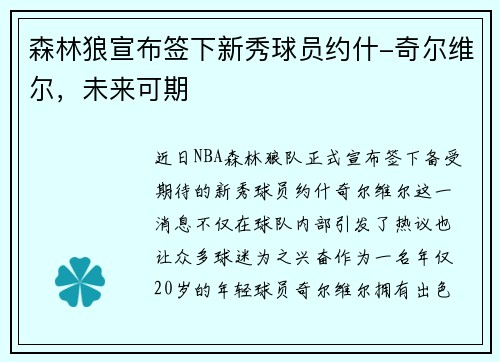 森林狼宣布签下新秀球员约什-奇尔维尔，未来可期